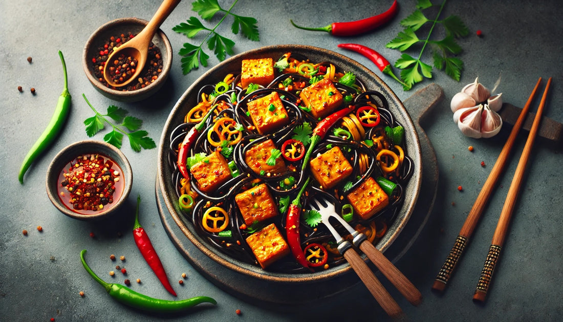 Discover the Spicy Delights of Chilli Tofu Stir Fry with Black Bean Noodles at Pam Pam