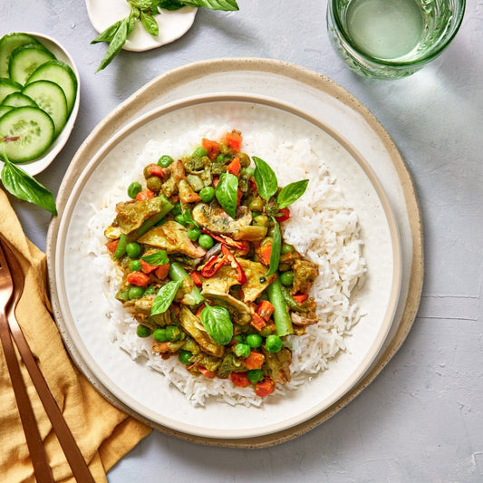Plant-based Green Curry with rice.
