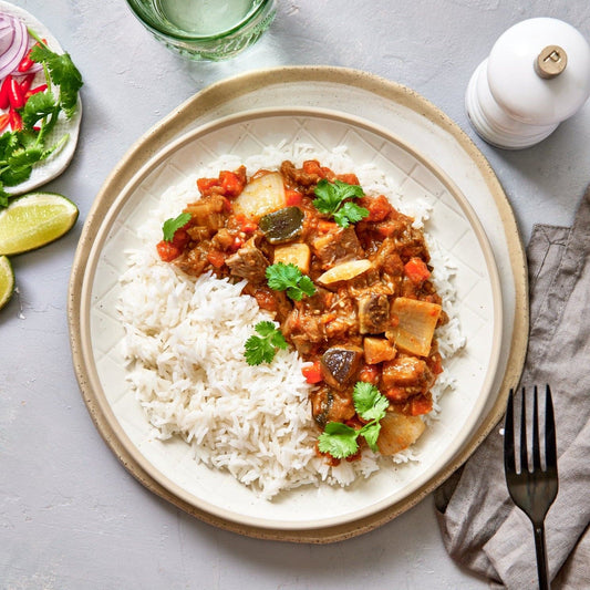 Plant-based Massaman Curry with rice.