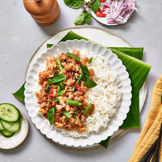 Plant-based Thai Pork Basil with rice.