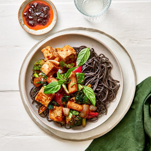 High Protein - Chilli Tofu Stir Fry with black bean noodle.